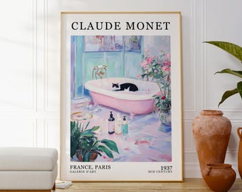 Claude Monet Cat in Pink Bathtub Art Print, Bathroom Wall Decor, Paris