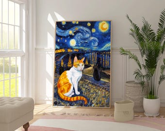 ゴッホの「星月夜と二匹の猫」プリント、動物風景ポスター、人気の猫