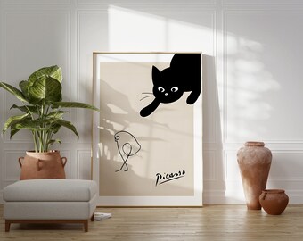 パブロ・ピカソの「猫が鳥を追いかける」アートプリント、モダンミニマ