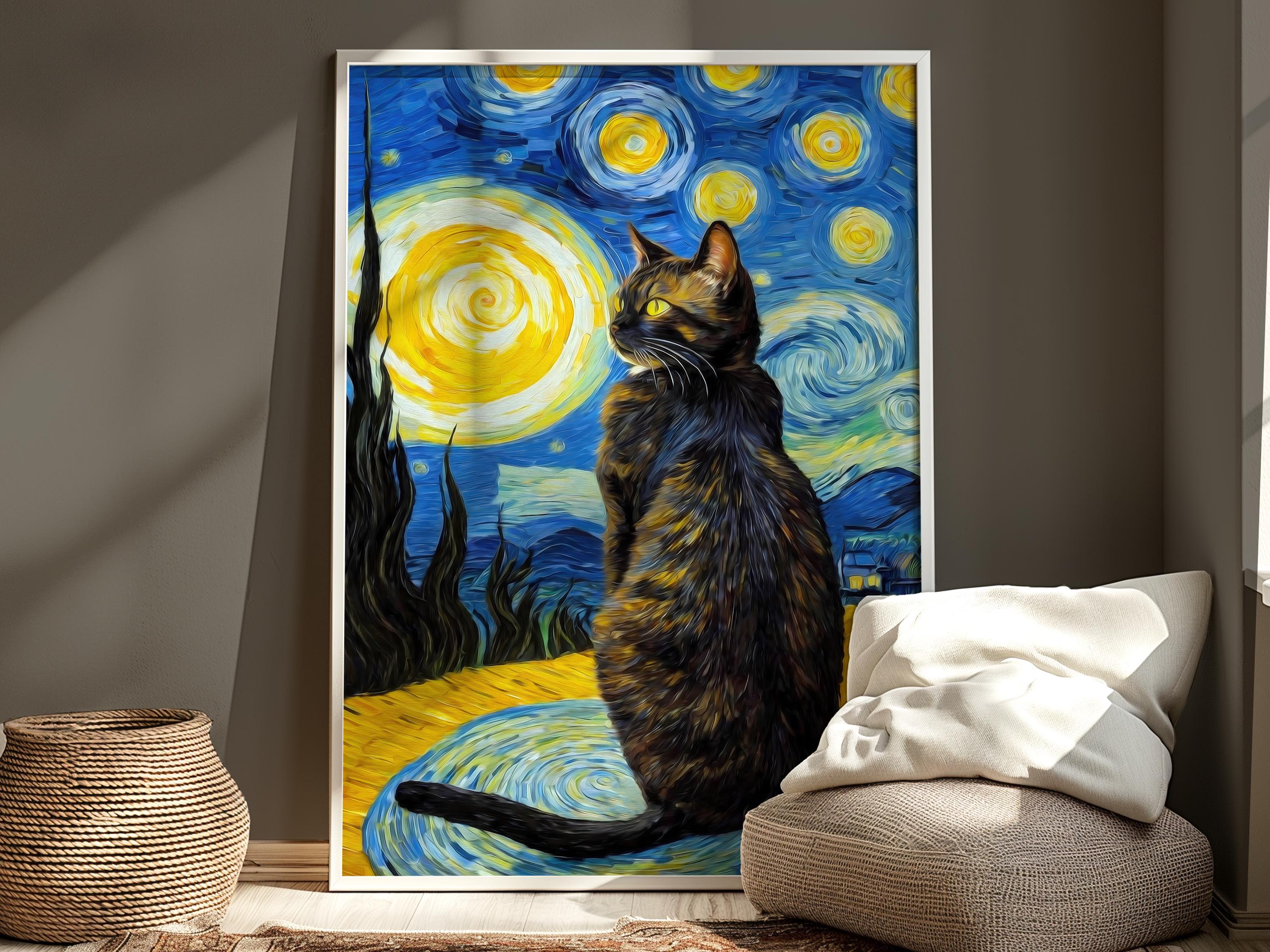 ゴッホの「星月夜と猫」のプリント、カラフルな風景画ポスター 