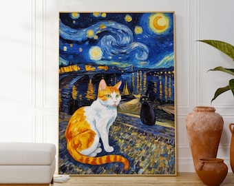 ゴッホの「星月夜と二匹の猫」プリント、動物風景ポスター、人気の猫