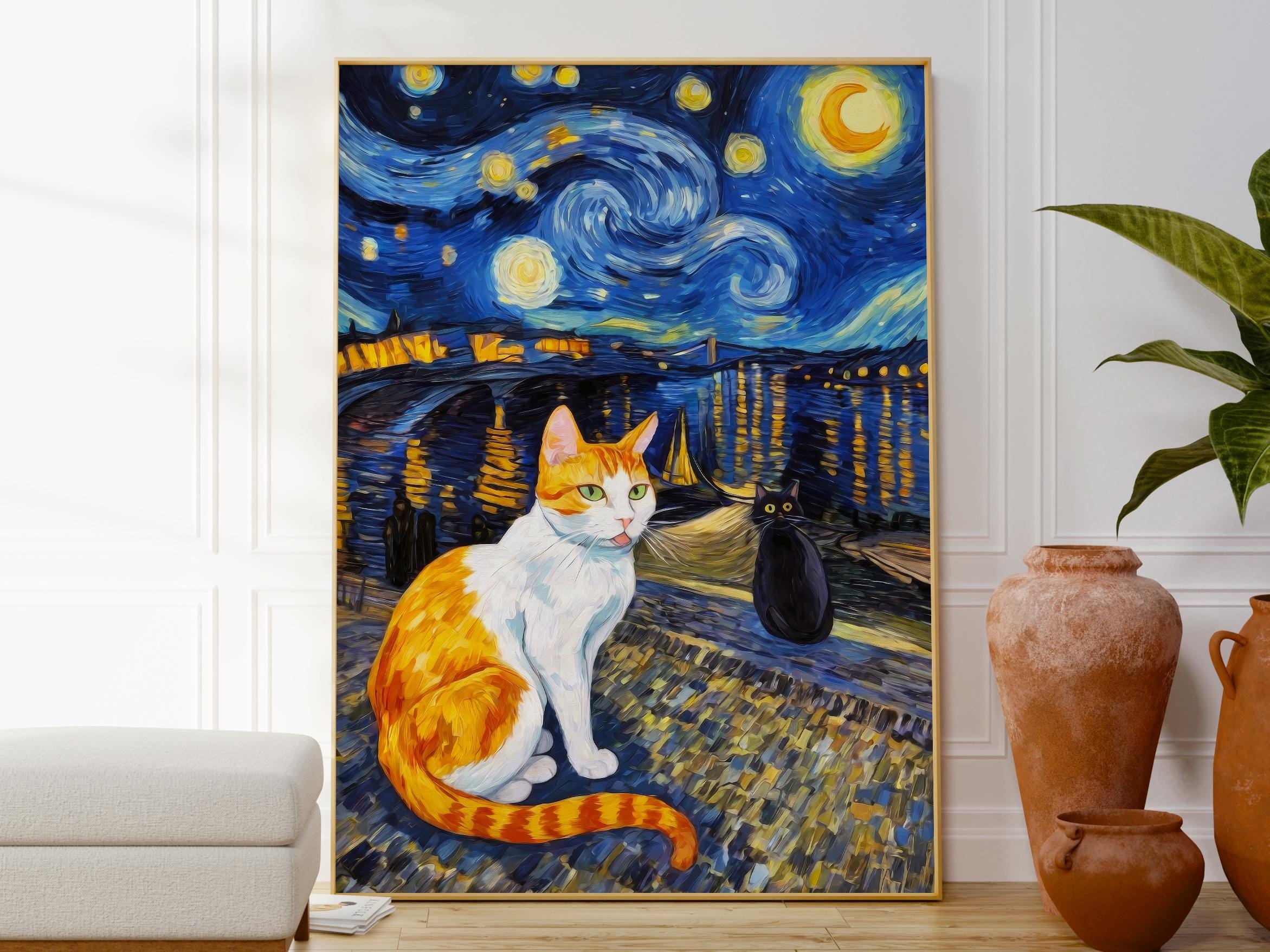 猫と星の油画　タイトル『絶望と希望』　F6 ※額装込み ゴッホの「星月夜と二匹の猫」プリント、動物風景ポスター、人気の猫