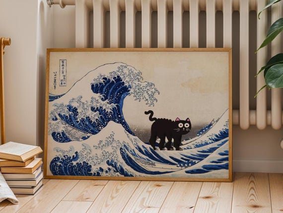 The Wave off Kanagawa With Cat Print, Japanese Wall Art, Funny Cat