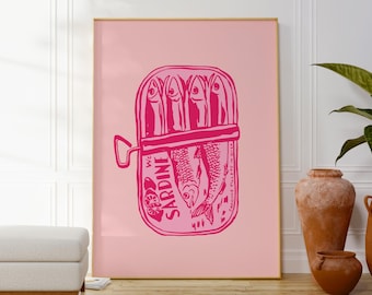 Pink Sardine Tin Print, Kitchen Wall Art Poster, Modern Dining Room Decor, Seafood Artwork, Gift For Her, Original Minimalist Fine Art Decor