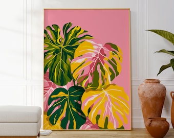 Monstera Leaf Art Print, Tropical Botanical Wall Decor, Pink & Green Plant Illustration