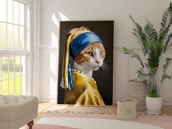 ヨハネス・フェルメールの「真珠の耳飾りの猫」のプリント、面白い猫の
