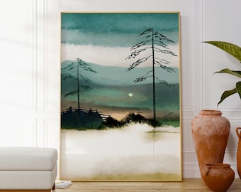 Emerald Green Landscape Art Print, Pine Tree Forest Painting, Minimalist Nature Wall Decor