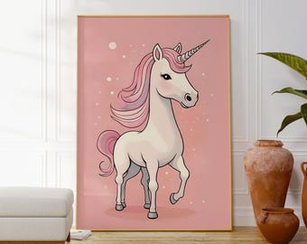 Pink Unicorn Art Print, Nursery Wall Decor, Fantasy Animal Illustration