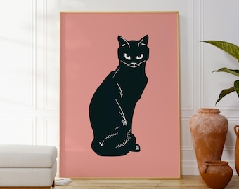 黒猫のプリント、ピンクの壁アート、モダンな猫のイラスト - Etsy 日本