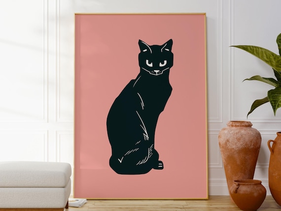 黒猫のプリント、ピンクの壁アート、モダンな猫のイラスト - Etsy 日本
