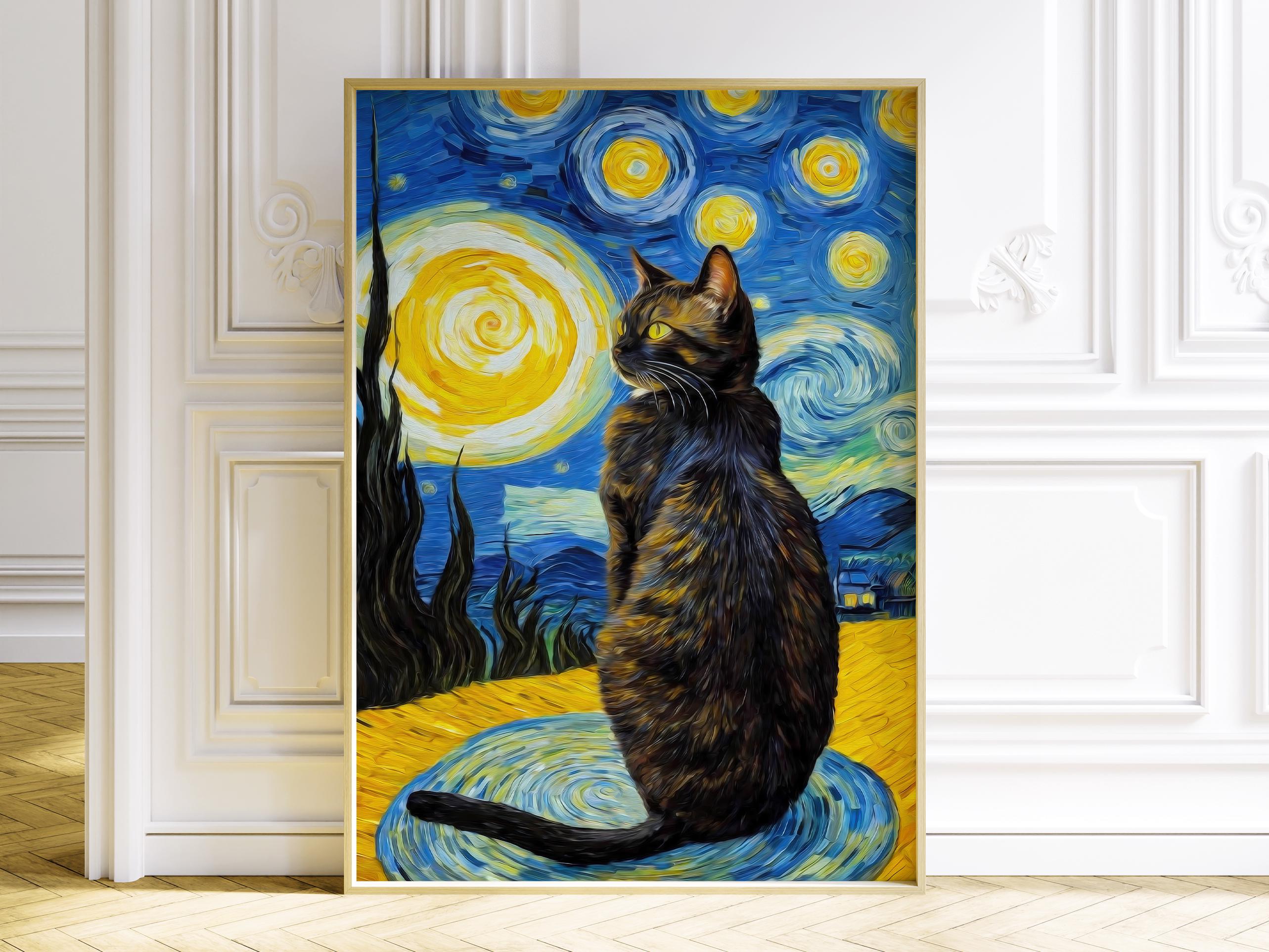 ゴッホの「星月夜と猫」のプリント、カラフルな風景画ポスター