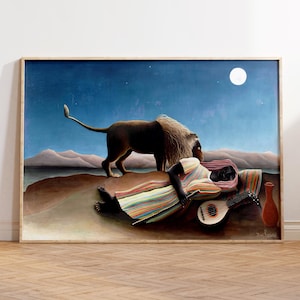 Lámina popular de Henri Rousseau: La gitana dormida, póster de paisaje, arte mural moderno de animales, obra de arte del desierto, pintura famosa, idea de regalo