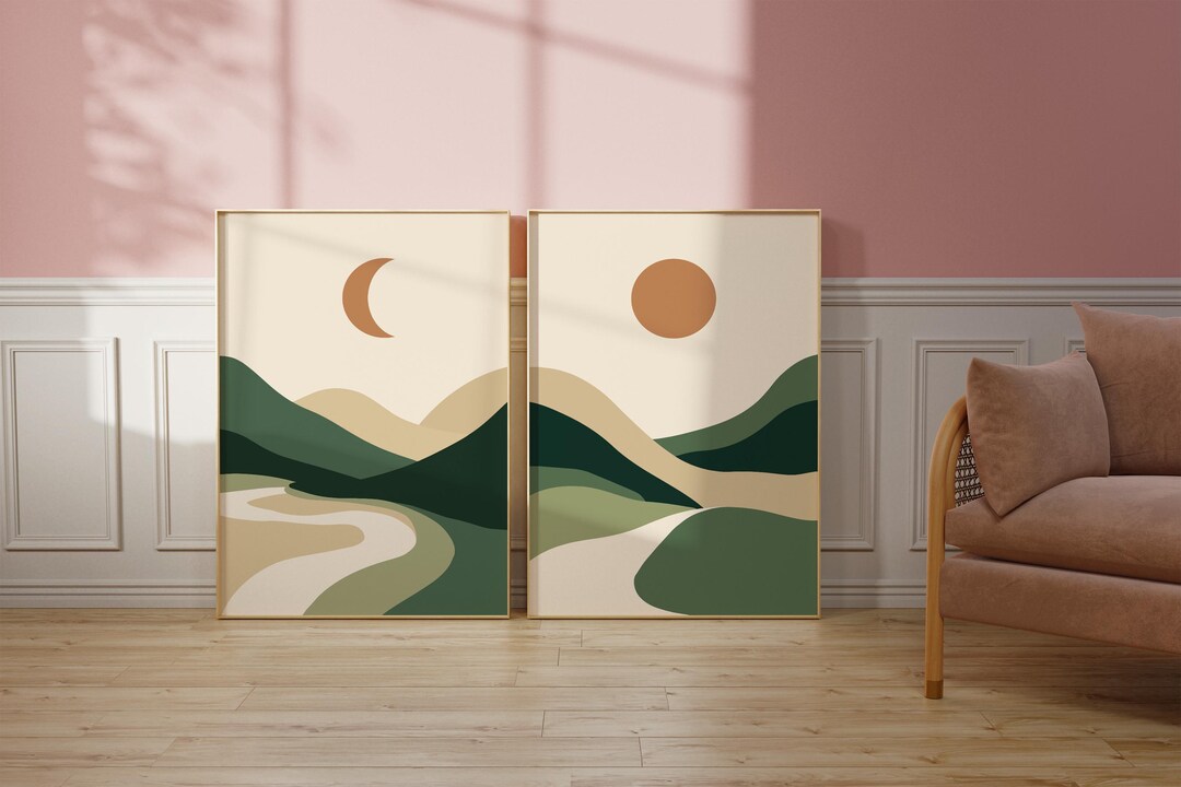 Set of 2 Minimalist Mountain Landscape Print, Scandinavian Modern Wall ...