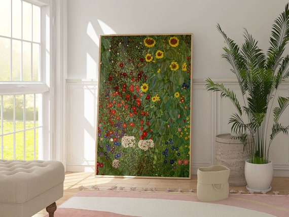 Gustav Klimt Farm Garden with Sunflowers Art Print, Vintage Floral Wall Art, Impressionist Painting