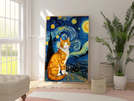 フィンセント・ファン・ゴッホの猫の星月夜プリント、ジンジャー