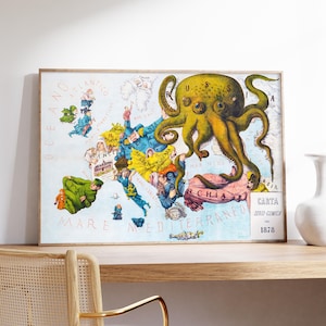 Sarkastische Karte von Europa 1878 Originaldruck, Einzigartige Vintage Wandkunst Poster, Europäische Karte Kunstwerk, Kinderzimmer Dekor, Haus Wandkunst