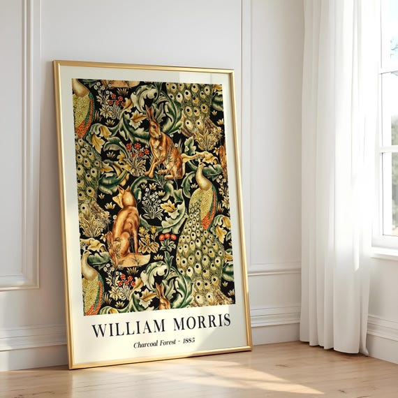 William Morris Charcoal Forest Art Print, Vintage Botanical Animal Wall Decor