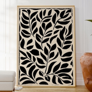 Estampa minimalista com estampa de folhas, pôster floral geométrico moderno, decoração contemporânea, arte de parede fina, estilo boho, arte limpa e simples, presente para ela