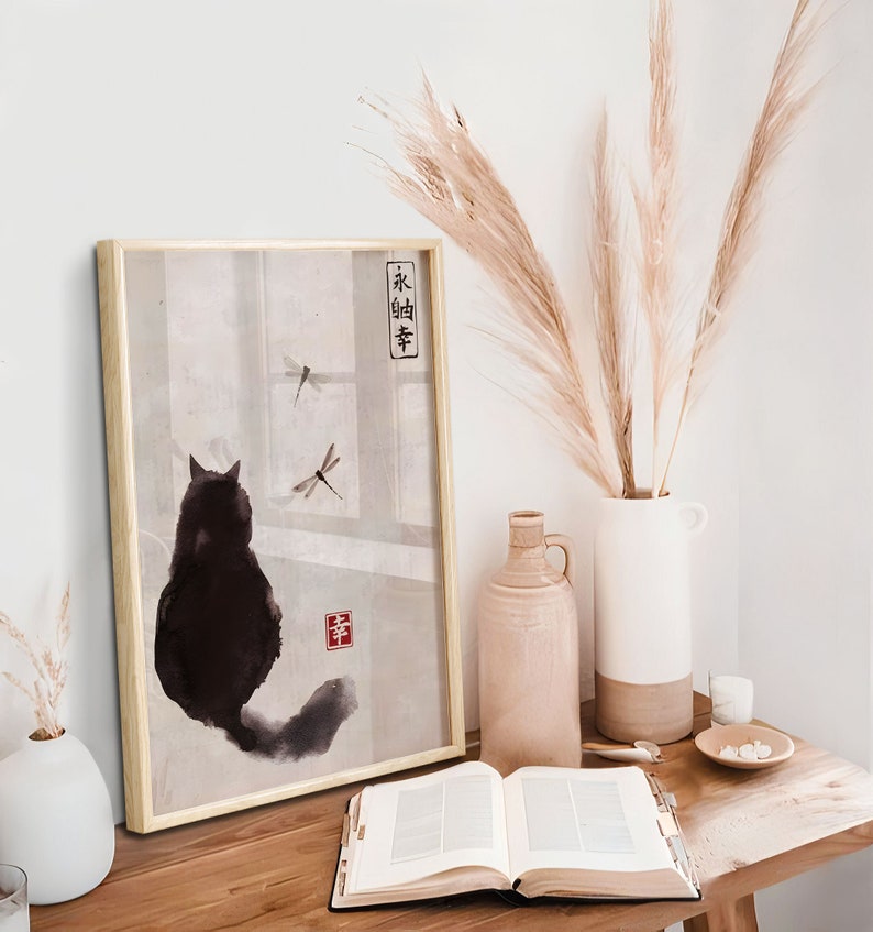 Japanese Black Cat Art Print, Vintage Japan Artwork - Etsy