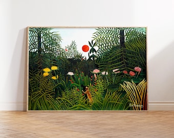 Henri Rousseau Virgin Forest With Sunset Print, Vibrant Botanical Wall Art Poster, Nature Inspired Green Jungle Artwork, Gift For Her Him