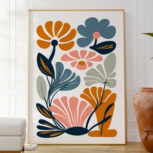 Estampa floral abstrata geométrica, pôster floral minimalista, arte em estilo escandinavo, decoração botânica elegante e moderna, presente inspirado na natureza
