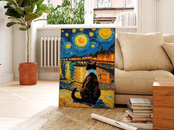 ゴッホの「星月夜と猫」プリント、オリジナル動物風景ポスター、猫好き