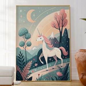 Unicorn Print, Nursery Wall Art Poster, Blue Kids Room Decor, Children’s Unicorn Artwork, Colourful Bright Decor, Original Housewarming Gift