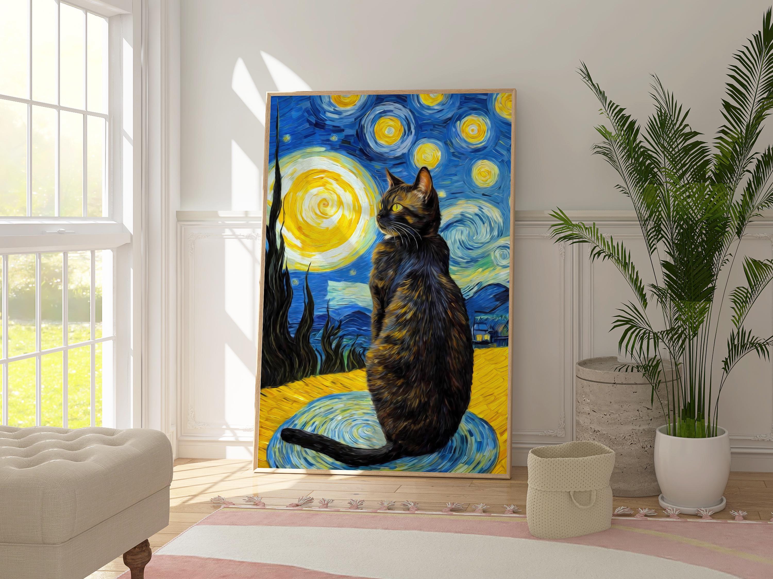 Van Gogh Starry Night With a Cat Print, Landscape Colourful Poster 