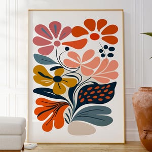 Impressão de flores abstratas, pôster de arte geométrica colorida para parede, decoração moderna para casa, presente de arte original para ela, presente de inauguração de casa, parede de galeria