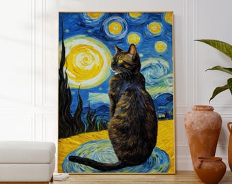 Van Gogh-Sterrennacht met een kat print, kleurrijke landschapsposter, origineel decor dieren muurkunst, print grappige kat, populaire kattenschilderij