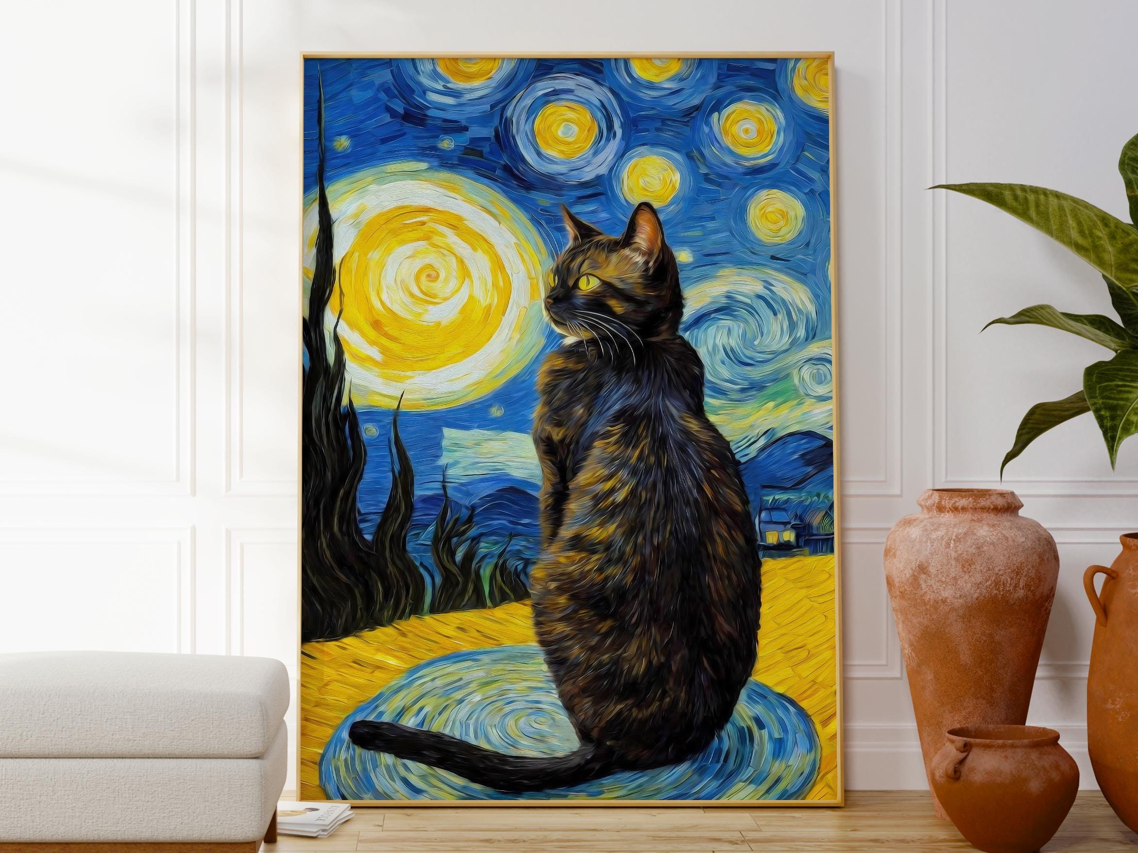 ゴッホの「星月夜と猫」のプリント、カラフルな風景画ポスター