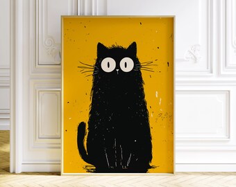 ショックを受けた黒猫のプリント、ミニマリストモダンウォールアート