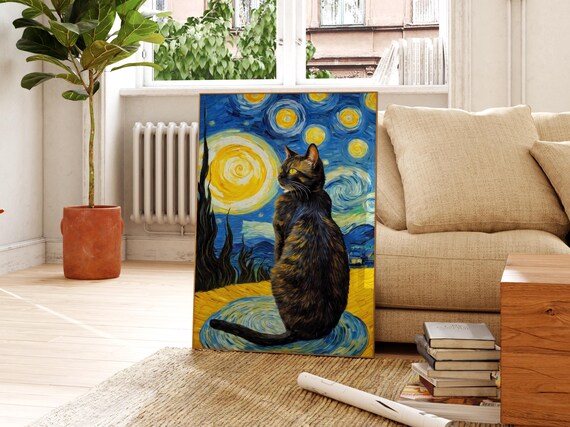 ゴッホの「星月夜と猫」のプリント、カラフルな風景画ポスター