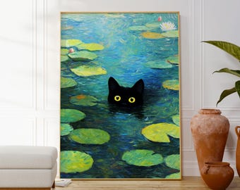 黒猫の睡蓮の池のアートプリント、気まぐれな猫の壁飾り、印象派風の