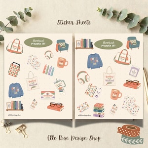 May include: Two sticker sheets labeled Booked Planner Set featuring illustrations of books, a blue sweatshirt with Book Club text, a tote bag with Booked All Weekend text, a mug, headphones, glasses, a duffel bag, and a chair on a cream background.