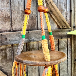 Bright Yellow & Orange Macrame Plant Hanger with Hand-Painted Floral Plate – 11” Pine