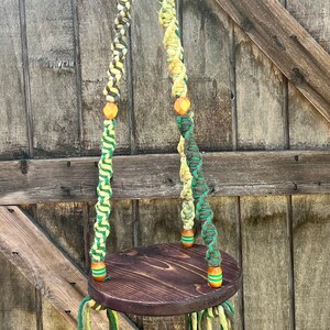 Macrame Plant Hanger: Dark Walnut Plate with Green Cotton Cord