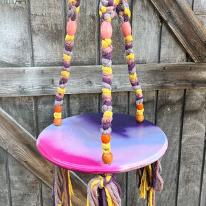 Purple & Yellow Macrame Plant Hanger with 11.5” Painted Wood Plate – Handcrafted Hanging Shelf