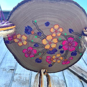 Macrame Plant Hanger: Neon Flower Wood Plate, Recycled Cotton Cord