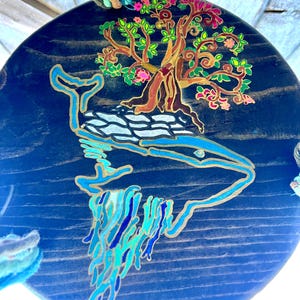 Whale & Tree Hand Painted Macrame Plant Hanger – 11” Pine Circle with Aqua + Earth Tones
