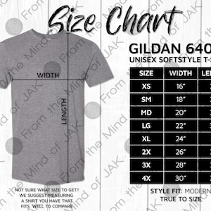 Gildan 64000 Unisex Softstyle Shirt Size Chart | Unisex Shirt Size Chart | Gildan Size Chart | Gildan Sizing | Shirt Sizing Chart