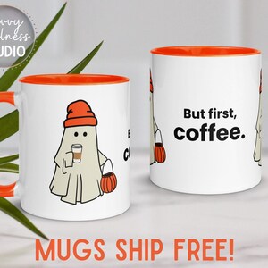 Ghost Drinking Coffee Mug, Cute Fall Mug, Funny Halloween Mug