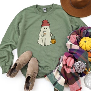 Ghost Drinking Coffee Trick or Treating Sweatshirt, Cute Fall Graphic Shirt, Halloween Party Outfit