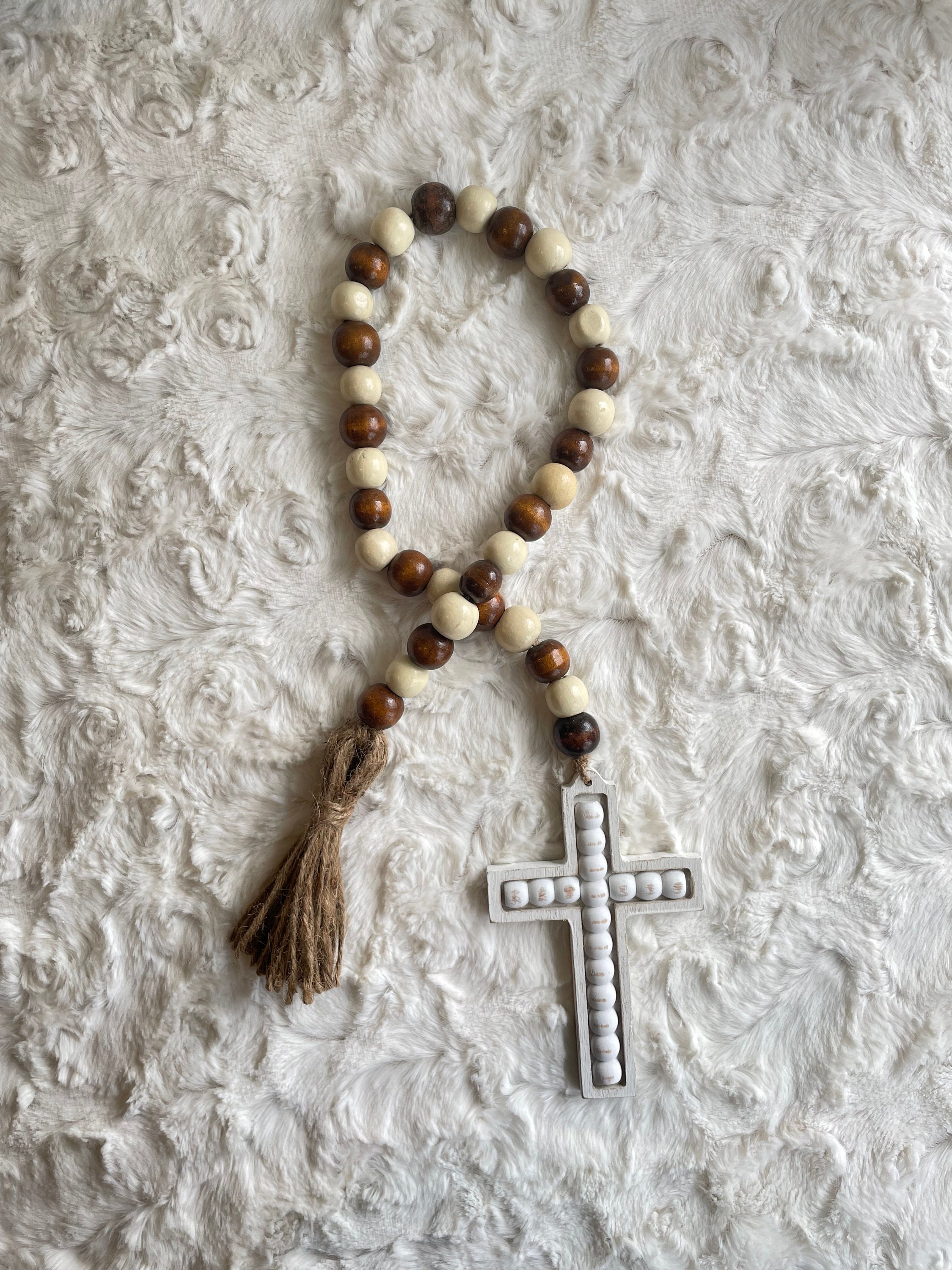 Wood Cross, Cross Wall Hanging, Wood Bead Garland Cross