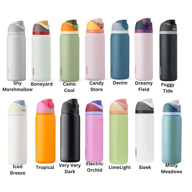 May include: A collection of insulated water bottles in various colors, including white, green, pink, and blue. Each bottle has a flip-top lid and a sleek, modern design. The bottles are labeled with names like "Shy Marshmallow" and "Electric Orchid."