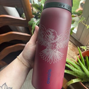 May include: A maroon Owala water bottle with a silver eagle design. The bottle has a black handle and a black lid. The Owala logo is printed in blue. The bottle is held in front of a window with plants.