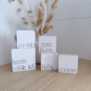 May include: Five white wooden blocks with black text. The blocks feature the German phrases "zu sein", "gute laune", "heute wähle ich", "liebe", and "sonne". The blocks are arranged in a cluster, showcasing a painted wood grain texture on each piece.