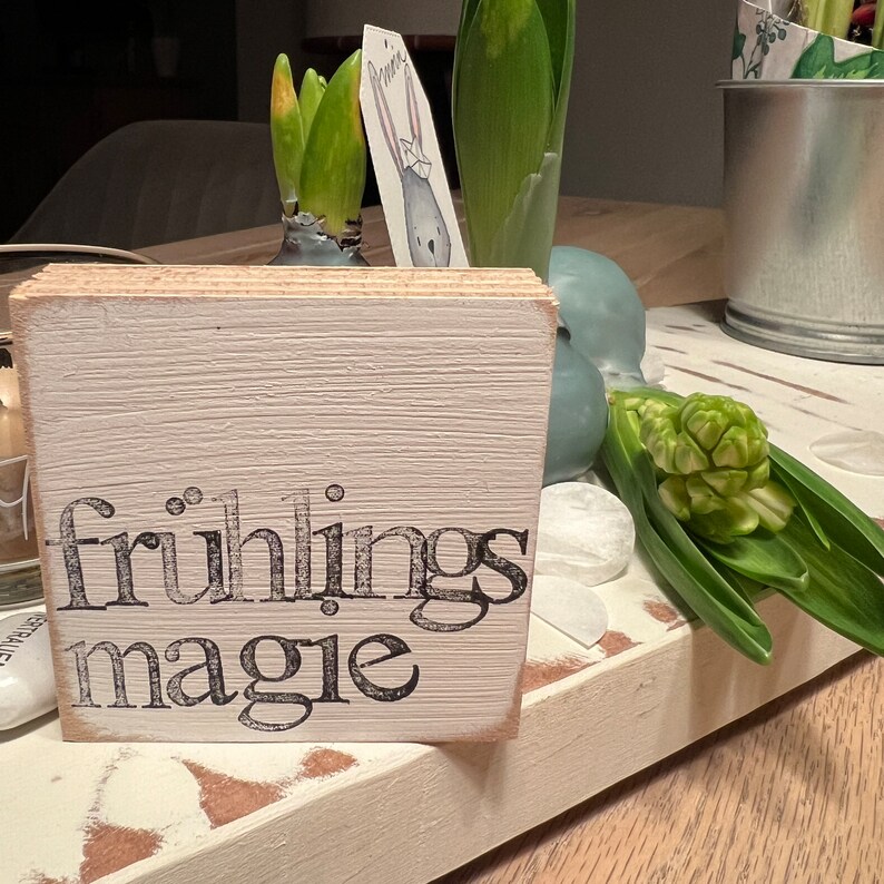 May include: White wooden sign with black lettering that reads "fr&uuml;hlings magie". The sign is sitting on a whitewashed wooden surface with green hyacinth flowers and a white ceramic object.