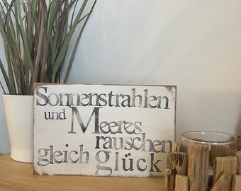 Holzschild mit Spruch-Sonnenstrahlen und Meeresrauschen- Auszeit am Meer -Deko Wohnzimmer Büro-Geschenk für Küstenkinder-puristisches design