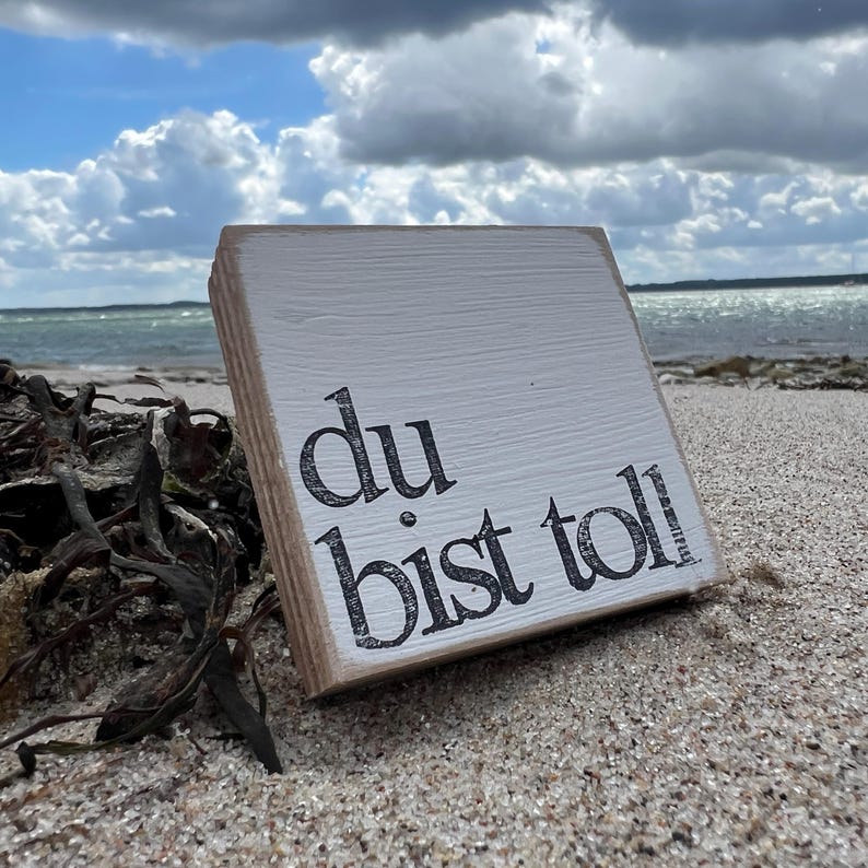 May include: A white wooden sign with black lettering that reads "du bist toll" on a sandy beach with seaweed.
